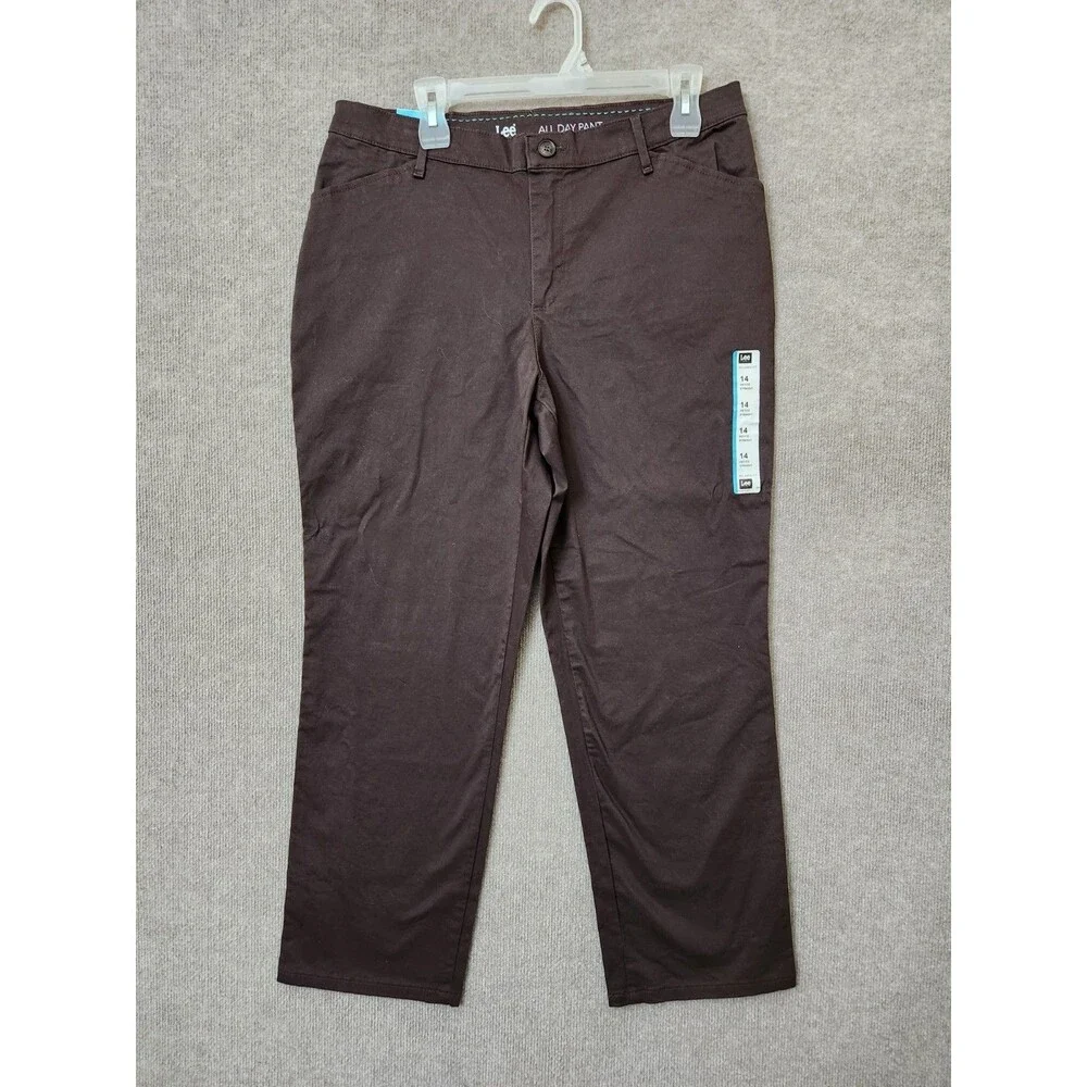 Lee Relaxed Fit Straight Leg All Day Pants Womens 14 Petite Brown Stretch NEW